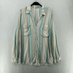 Heroes & Dreamers Button-Up Women M Pastel Blue Pink Stripe Collared Long Sleeve